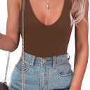 SAUNGKUAI Womens Bodysuit Sexy Plunge Deep V Neck Backless Sleeveless Tank Thong Body Suits Outfits for Going Out (Large, Brown)
