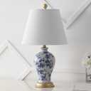JONATHAN Y 24" Blue/White French Country Ceramic Floral Urn Table Lamp, White Linen Shade, Chinoiserie Ginger Jar Bedside Lamp for Living Room Bedroom, LED Bulb (JYL3009B)