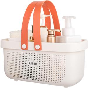 JiatuA Plastic Storage Basket with Handle Portable Shower Caddy Tote Organizer Basket Bin for Bathroom Kitchen Dorm Room Bedroom, White (Large)