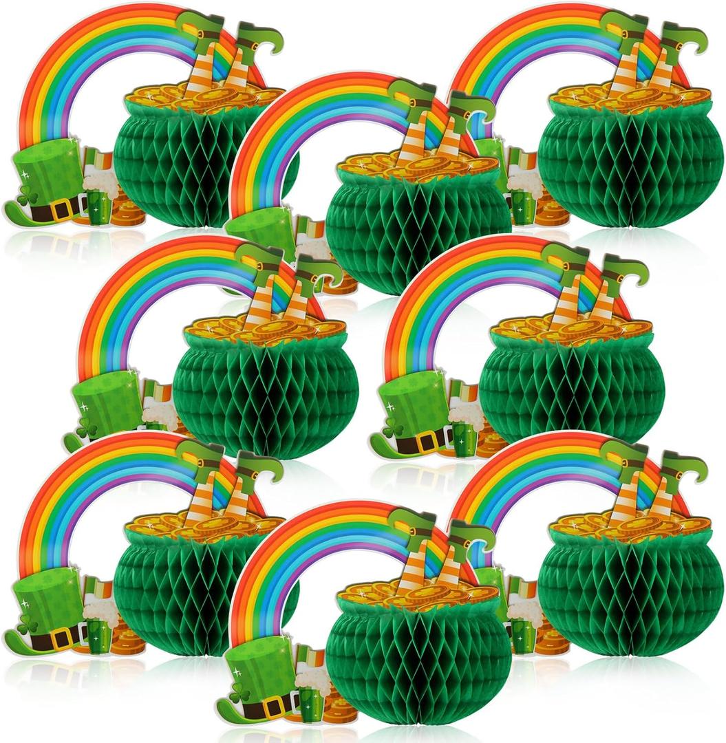 8 Pcs St Patricks Day Table Decorations Saint Patricks Day Honeycomb Centerpiece Pot of Gold Table Decoration Irish Table Topper for Saint Patrick Party Home Decor