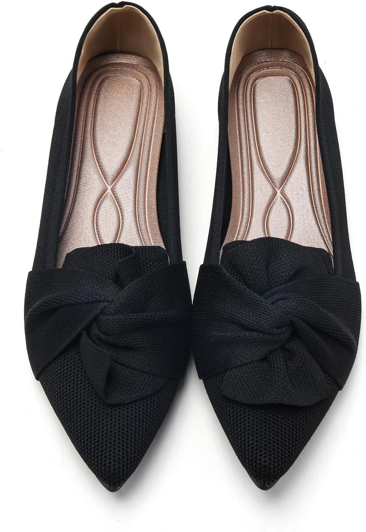 HIULYCENCE Flats for Womens Pointed Toe Ballet Flats with Bow Comfortable Knit Dressy Flats (7, Black)