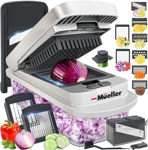 Mueller Pro-Series 10-in-1 - Vegetable Chopper, 8 Blades, Onion Chopper, Dicer, Egg Chopper with Container, French Fry Cutter, Household Utensils, Kitchen, Salad Maker, White Sand/Gray