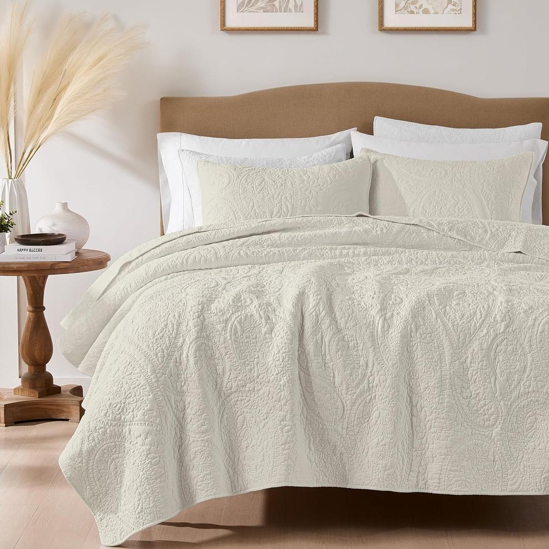 PALASSIO Beige Paisley 100% Cotton Quilt California Cal King Size Bedding Sets with 2 Pillow Shams, Oversized Boho Floral Farmhouse Vintage Soft Bedspread Shabby Chic Coverlet for All Season, 3 Pieces
