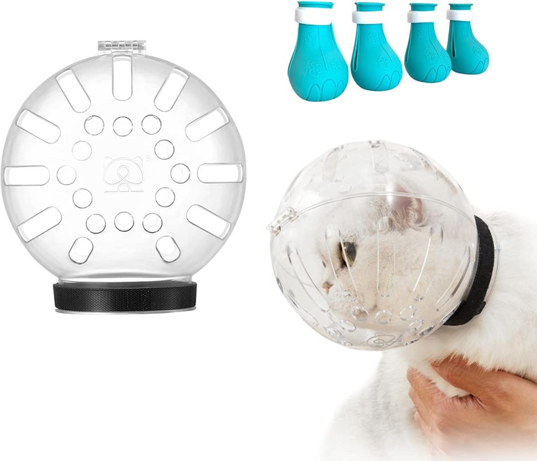 Cat Muzzle and Boots, Adjustable Helmet for Grooming, Breathable Hood Face Mask for Shaving Head Bubble Cover, Anti Bite Headgear Cat Holder for Bathing