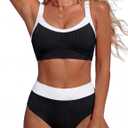 BMJL Women's High Waisted Bikini Sets for Women Color Block Ribbed Two Piece Swimsuit Removable Padding Full Coverage Bikini (S,Black)