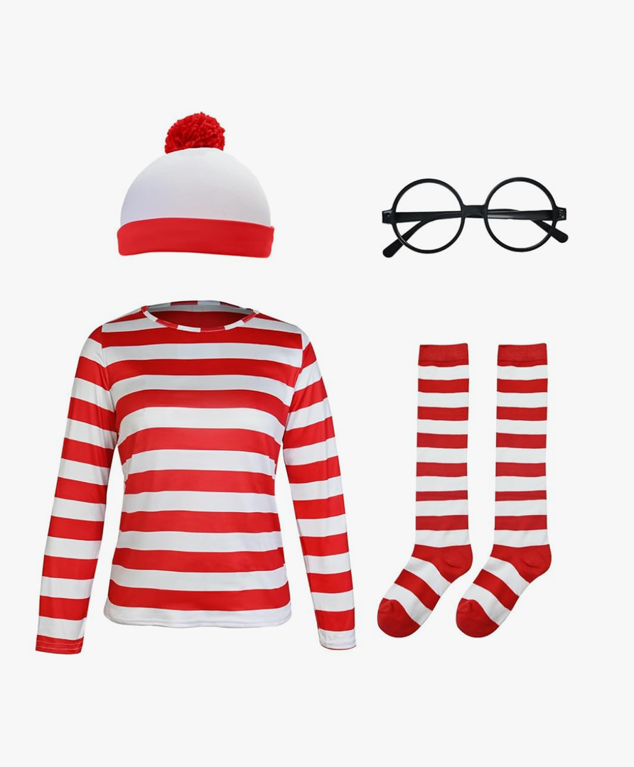 Adult Red and White Striped Shirt Women Funny Halloween Costumes Shirt Hat Socks and Glasses Suits (X-Large)