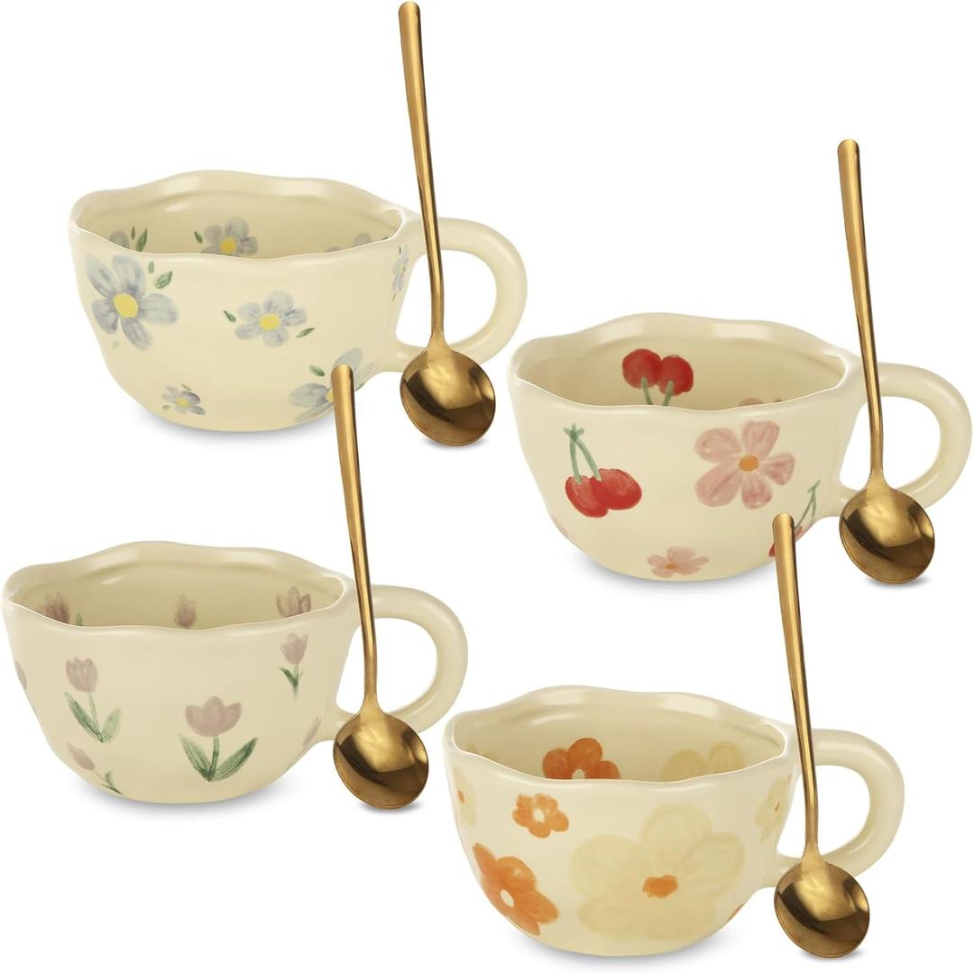 QTLCOHD 4 Styles Cute Ceramic Flower Coffee Mug Set 10 Oz Vintage Aesthetic Floral Tea Coffee Cup with Handle Dishwasher Microwave Safe for Woman Girls Gifts