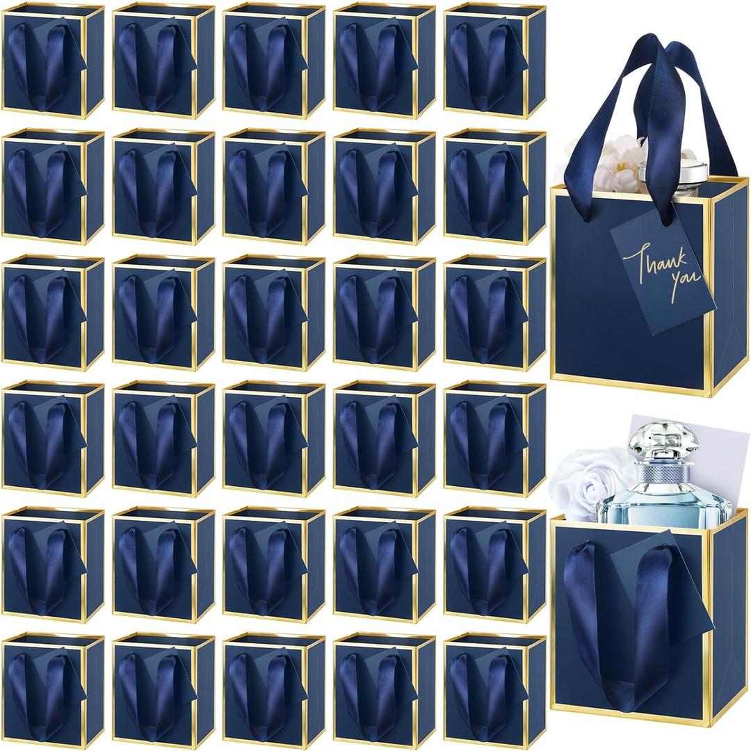 Yeaqee 25 Pcs Mini Metallic Paper Gift Bags with Handles 4x2.75x4.5'' Tiny Small Gift Bags with Thank You Tag for Wedding Graduation Birthday Party Return Gifts Jewelry Business (Navy Blue, Gold)