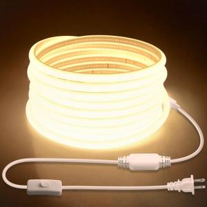 10FT Outdoor COB LED Strip Lights Waterproof with Switch Plug in AC 110V-120V LED Rope Light Warm White IP65 3M 3000K Super Bright High Density LED Tape Light Indoor for Garden Decor