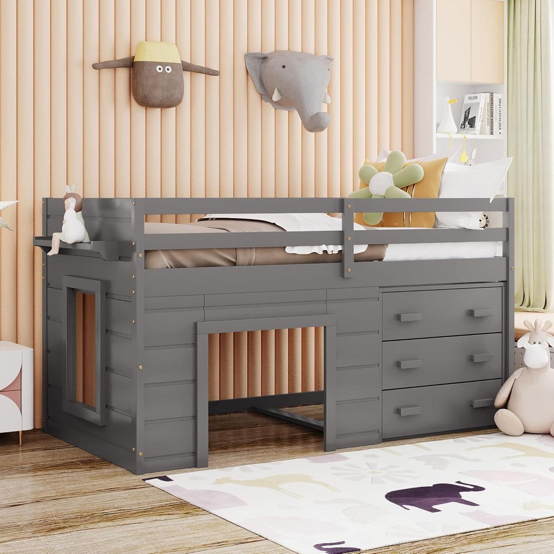 Merax Twin Size Loft Bed, Wood Bedframe for Kids Teens Adults Bedroom with Cabinet, Shelf, Stairs, Gray