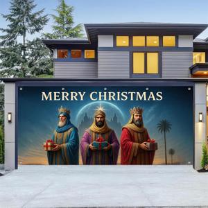 13x6ft Merry Christmas Garage Door Banner Three Kings with Gifts Nativity Star Night Sky Polyester Large Outdoor Decoration for Holiday Epiphany Church School Yard Celebration