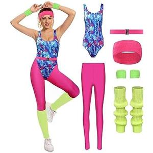MASSWO Womens Aerobics Costume 80s Workout Outfit 90s Accessories Set Retro Jogging Suit Waist Bag Gym Yoga Running S