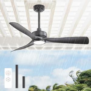 52 Inch Outdoor Ceiling Fan with Light, Weatherproof Gazebo Fan with Ultra Quiet DC Motor Black Patio Ceiling Fan Downrod Mount for Pavilion Poolside Porch Pergola