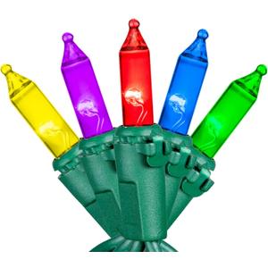 Novelty Lights RetroGlo LED Mini Lights, 100 Multicolor Bulbs on Green Wire, 50ft with 6" Spacing, Incandescent Look with Modern Efficiency, 2700K Warm White Core, Interchangeable Bulbs