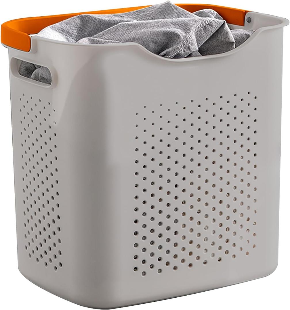Plastic Laundry Basket, Plastic Washing Baskets Dirty Clothes Hamper with Handles, Laundry Hamper Storage Basket for Storage Clothes in Bedroom, Bathroom (Grey) 2 Packs