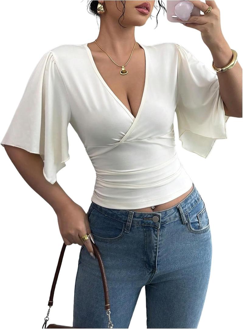 SOLY HUX Women's Deep V Neck Crop Top Flounce Short Sleeve Slim Fit Going Out Tee Shirts (White, S)