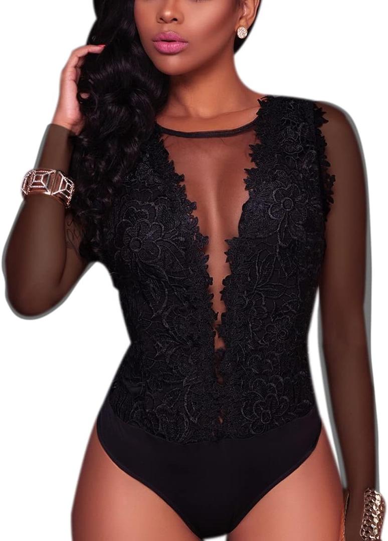 RARITYUS Women Sexy Lace Bodysuit Jumpsuit See Through Mesh Sleeveless/Long Sleeve Tops Swimsuit for Party Outfit (Small)