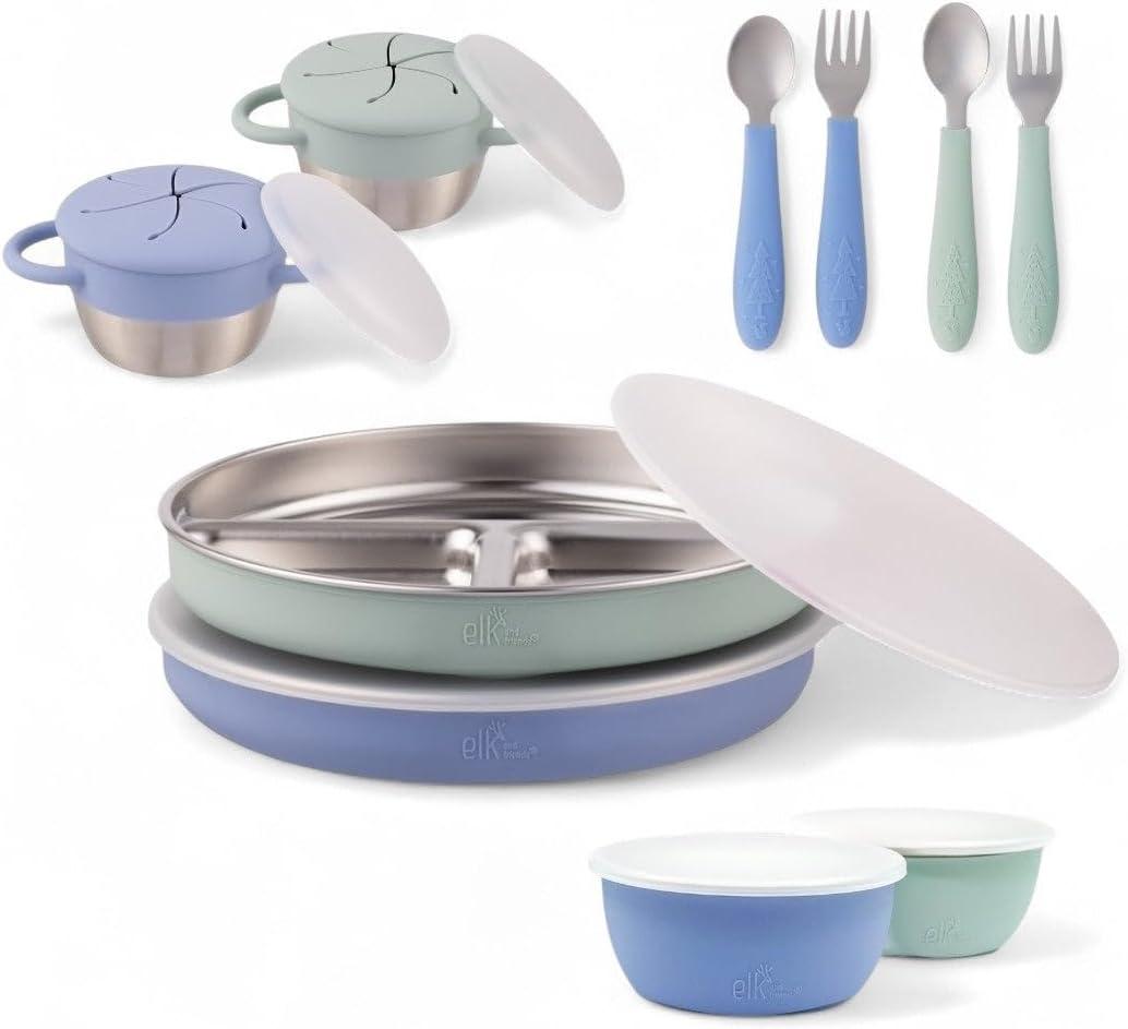 Elk and Friends Kids Stainless Steel Mealtime Bundle | Plates, Bowls, Snack Cups + Toddler Utensils | Silicone Sleeves + Travel Storage Lids | For Meals + Snacks | Dishwasher Safe