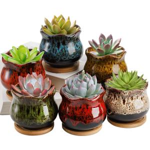 TOPZEA Set of 6 Succulent Plant Pots, 4 Inch Glazed Ceramic Cute Plant Pots with Drainage and Saucer, Mini Bonsai Planter Small Cactus Flower Pots for Indoor Outdoor Use