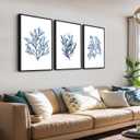 Large Framed Coral Wall Art, Navy Blue Coastal Ocean Life Prints, 24"x36"x3, 24" X 36" X 3pcs Framed