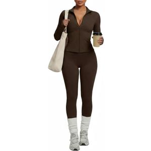 Women Workout Sets 2 Piece Seamless Yoga Outfits Long Sleeve Zip up Jacket High Waist Leggings Athletic Gym Set (Large, Brown)