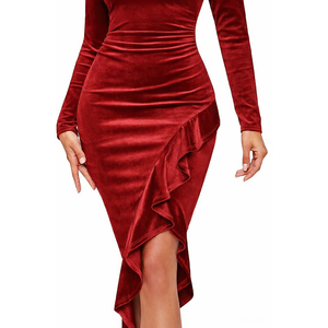 NASHALYLY Elegant Velvet Dress for Women,Sexy Long Sleeve Bodycon Mermaid Dress Ruched Cocktail Party Wedding Square Neck(Wine Red,L)