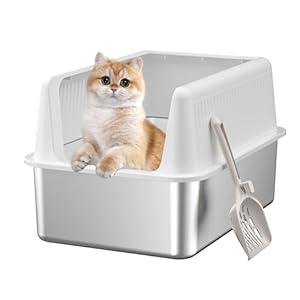 Stainless Steel Cat Litter Box with Lid, XL, 19.7” L x 13.8” W x 11.8”H Deep, Large Metal Litter Box with High Side, for Small and Large Cats, Anti-Leakage Non-Sticky Easy Cleaning Include Litter Scoop