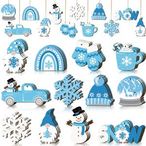 Chunful 36 Pieces Winter Frost Wood Ornaments Ice Bear Cedar Snowflake Glove Truck Hello Winter Ornaments Mini Welcome Christmas Tree Hanging Sign Decorations