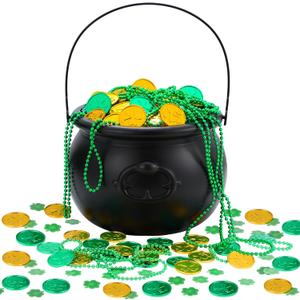 Poen 321 Pcs St Patrick's Day Cauldrons Set Including Plastic Cauldrons Coins Shamrock Confetti and Bead Necklace for St Patrick's Pot of Gold Party Decorations(Black)