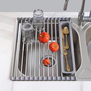 Roll Up Dish Drying Rack, Expandable 304 Stainless Steel Portable Drainer for Kitchen Sink Counter, Foldable Over The Sink Cover with Removable Utensil Holder(12.8"-23.3") (Gray)