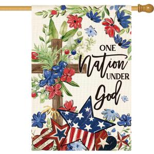 AVOIN colorlife Memorial Day Patriotic 4th of July House Flag 28x40 Inch Double Sided Outside, Flowers Cross Yard Outdoor Decoration