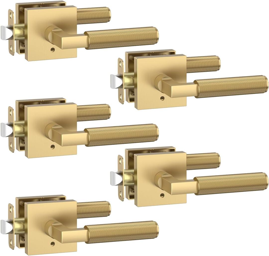 Amerdeco 5 Pack Privacy Door Handles, Champagne Bronze Interior, Knurled Lever, Heavy Duty for Bedroom and Bathroom, Reversible Keyless for Right & Left Side AM0021