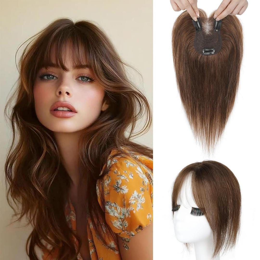 SEIKEA Hair Toppers for Women Real Human Hair, 10" Clip in Bangs Hand-tied Base 1.4 * 2.2inch Natural Realistic with Thinning Hair with Wispy Bangs Medium Brown