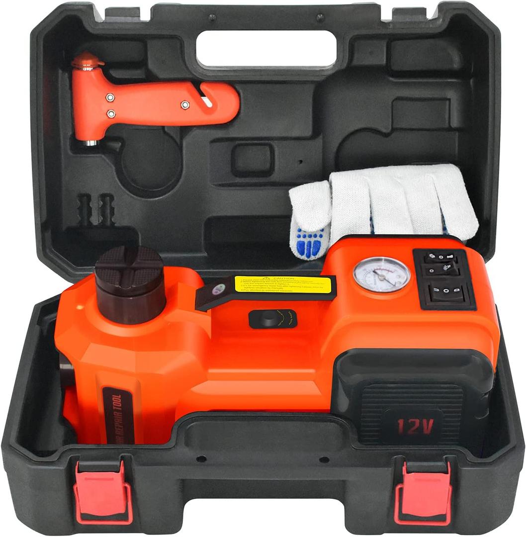 E-HEELP Electric Car Jack 5Ton 12V Kit Hydraulic (Lifting Range: 6.1~17.7 inch) with Inflator Electric Jack for Car SUV Sedan MPV Change Tires Garage Repair Emergency Kit (Orange)