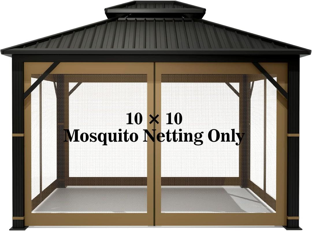 Gazebo Universal Replacement Mosquito Netting Hugline 10' x 10' Outdoor Mesh Netting Screen 4-Panel Sidewall Curtain with Zipper (Khaki)