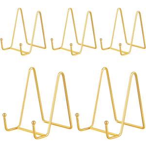 IBosins 5 Pack 4 Inch Plate Holder Display Stands, Metal Gold Frame Stand for Picture, Book, Photo Easel, Creation, Collectibles