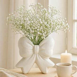 Jingmore White Bow Vase Coquette Ceramic Vase for Wedding Pen Holder Makeup Brush Holder Contemporary Design Decorative Women Gift for Home Office Shelf Table Room(Small, Classic)