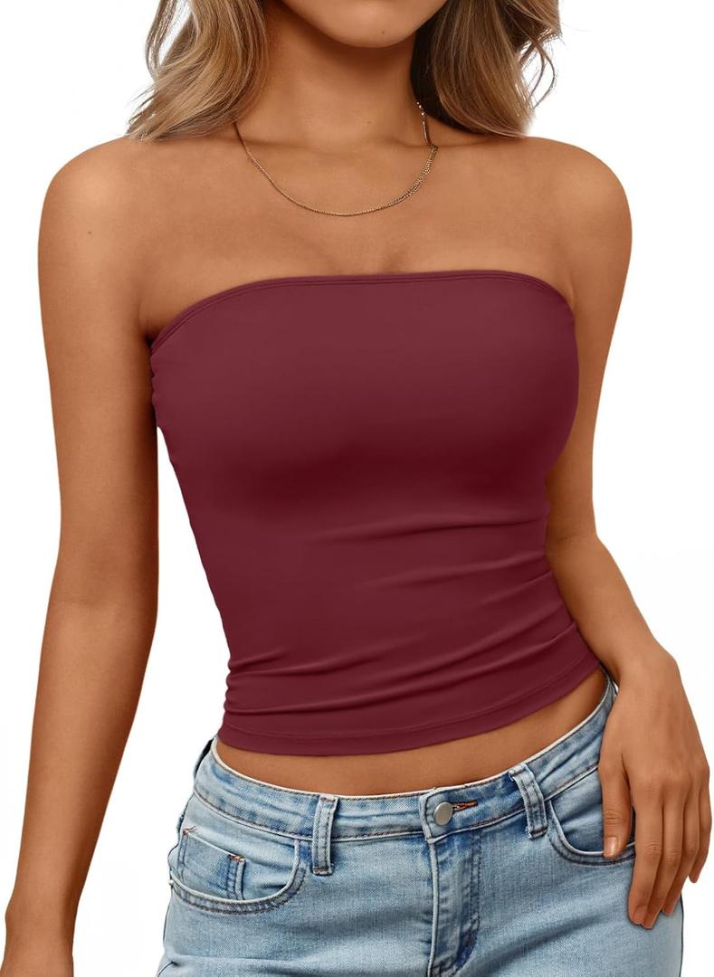 Trendy Queen Women's Strapless Bandeau Crop Top (Burgundy), S