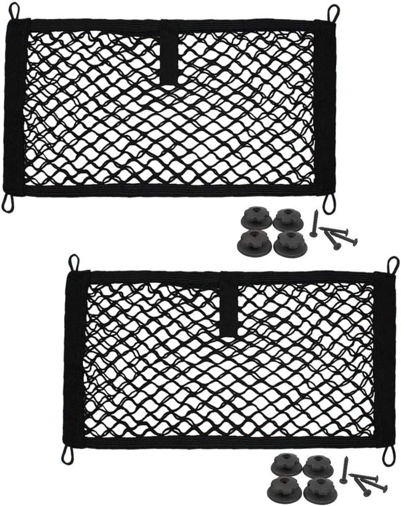 [2 Pack], JAVOedge Storage Stretchable Mesh Pocket Net for Car, Trunk, RV, Boats, Home with 8 PCS Mounting Screws and Built-in Hooks (Medium (17.9 Inches x 9.8 Inches))