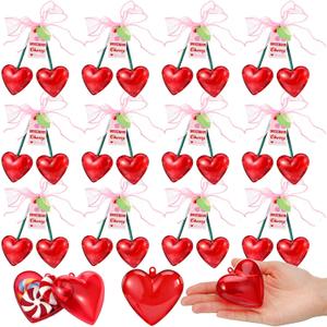AceOrbit 12 Pcs Valentine's Day Cherry Plastic Heart Containers 4.7 Inch Red Cherry Shaped Filled Gift Candy Box with Cards Bow Valentine Hanging Ornament for Wedding Party Favor Exchange Supplies