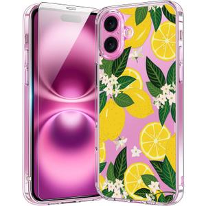bicol for iPhone 16 Plus Case with Screen Protector, Enhanced Camera Protection, Crystal Acrylic Clear with Fashionable Pattern Designs for Girls Women, Slim Fit Protective Phone Cover, Nice Lemons