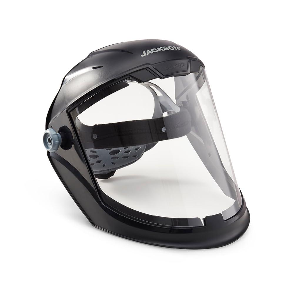 Jackson Safety Lightweight MAXVIEW Premium Face Shield - Mask with 370 Speed Dial Ratcheting Headgear, ANSI Z87.1, for Work, Grinding, Cutting - Anti Fog Coating - Clear Tint, 1 Count (Black)
