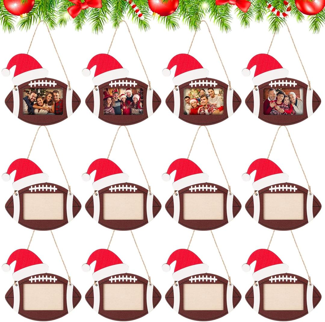 Chunful 12 Pcs Football Ornaments for Christmas Tree Decorations Wooden Christmas Picture Frames with Santa Hats and Jute Twine Xmas Photo Ornament Gifts for 1.57 x 2.36 Inch Photos Sports Player Team