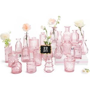 RUCKAE Pink Flower Vase in Bulk 22 Glass Bud Vases Vintage Small Vases for Centerpiece Table Wedding Decorations Home Decor Party (Pink)