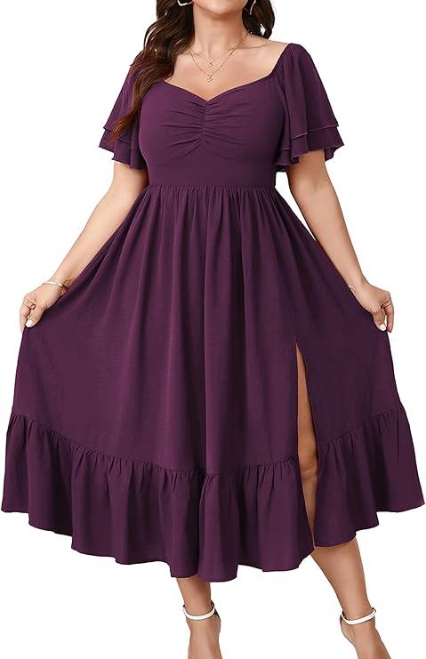 SCOMCHIC Womens Plus Size Wedding Guest Cocktail Dresses Sweetheart Neckline Short Sleeve Smocked Ruffle Slit Maxi Dress, 3XL