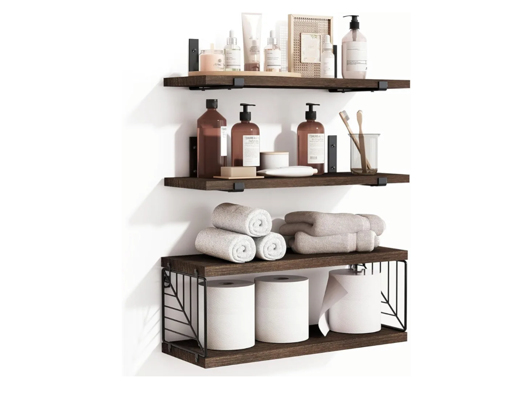 Fixwal 3+1 Tier Bathroom Floating Shelves Over Toilet, 15.8in Farmhouse Rustic Wood Shelves, Wall Decor for Bathroom, Living Room,Bedroom and Kitchen (Dark Brown)