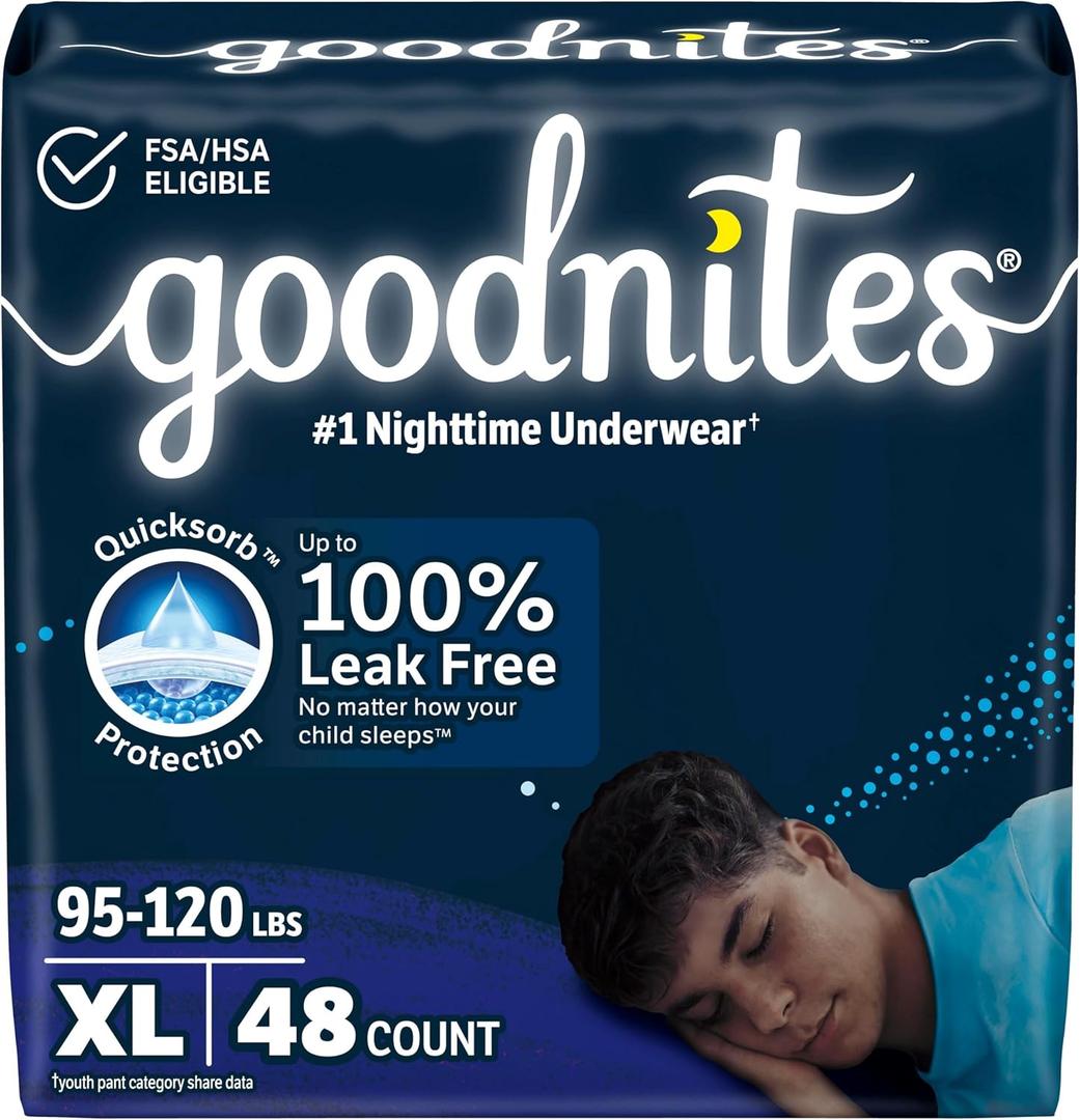 Goodnites Boys' Nighttime Bedwetting Underwear, Size Extra Large (95-120 lbs), 48 Ct (2 Packs of 24)