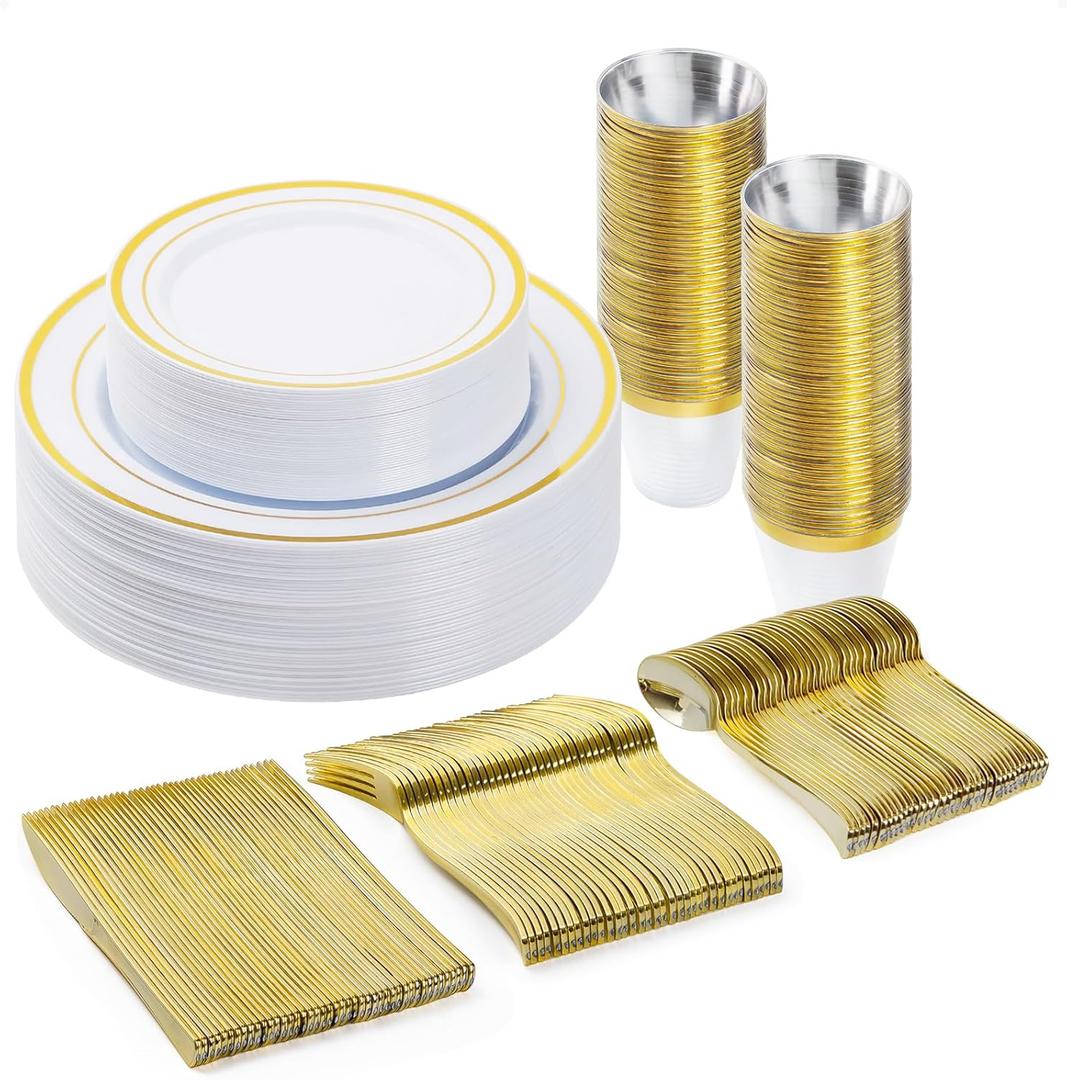 BESTVIP 150PCS Plastic Dinnerware Set (25 Guests), Gold Disposable Plates for Party, Wedding, Christmas, Anniversary, Includes: Dinner Plates, Dessert Plates, Cups, Spoons, Forks and Knives