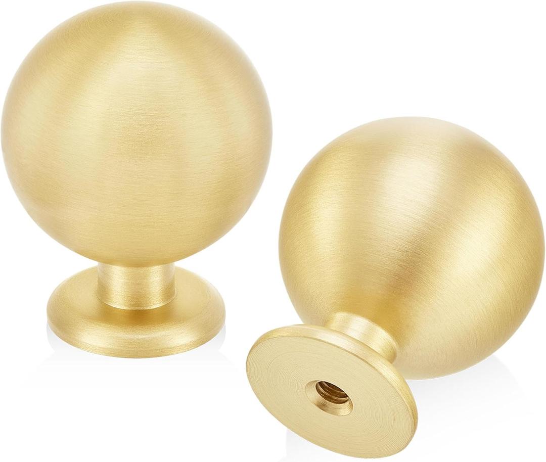 QOGRISUN 10-Pack Solid Brass Cabinet Knobs, Round Ball Gold Knobs for Dresser Drawer, 1.1-Inch Diameter, Sphere Cabinet Pulls, Brushed Brass Finish