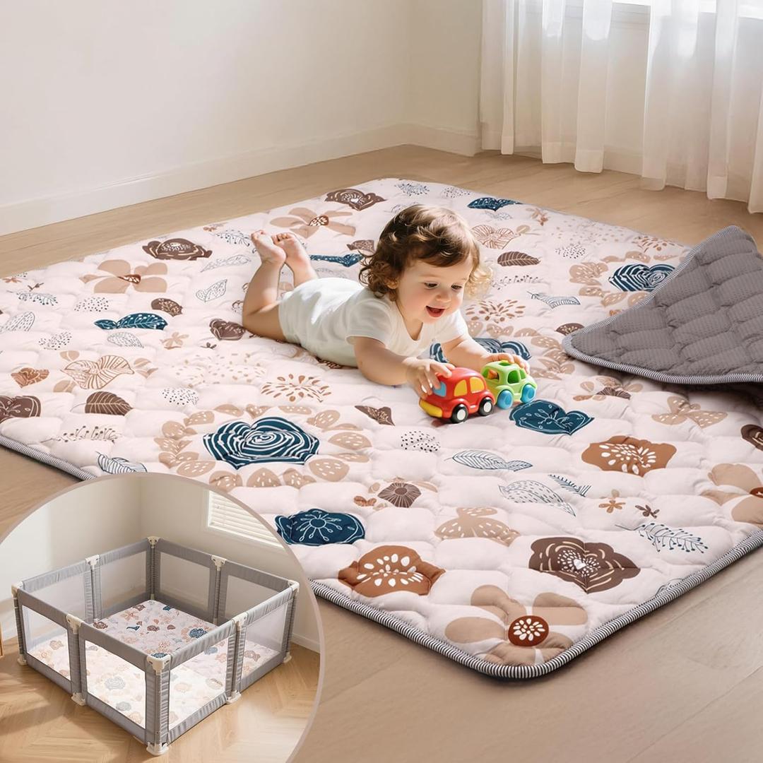 Duwenem Baby Play Mat for Floor,50x50 Inch Soft Padding Crawling Mat for Playpen, Foldable and Machine Washable, Thick for Babies & Toddlers,Boho Flower